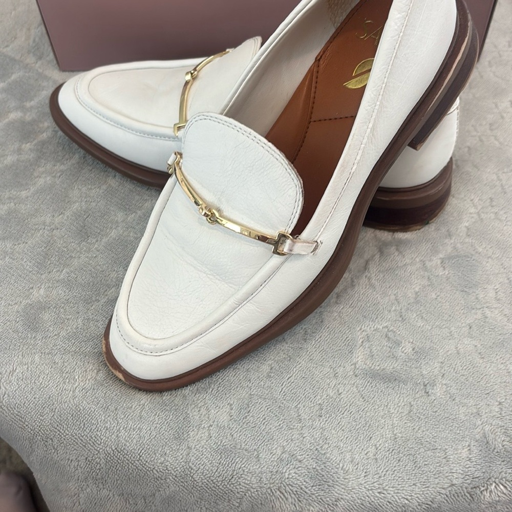 Franco Sarto White Leather Women’s Loafers with Gold Bit